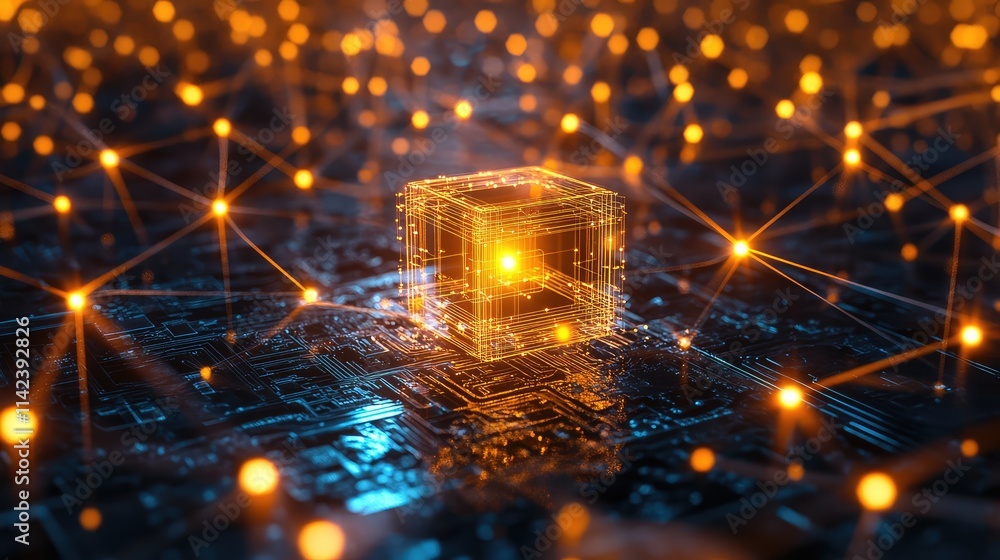 Poster a glowing microchip at the center of a network of illuminated connections, symbolizing its role as a