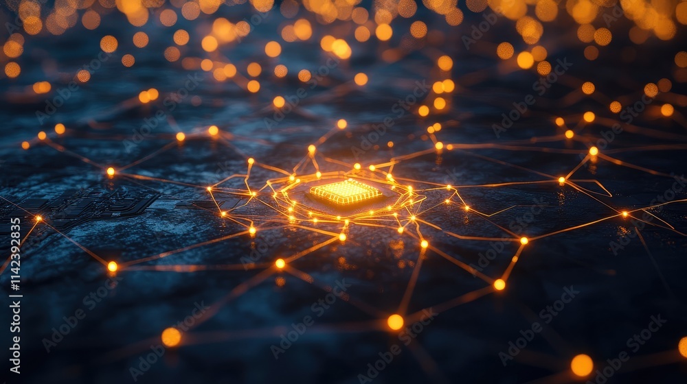 Poster a glowing microchip at the center of a network of illuminated connections, symbolizing its role as a