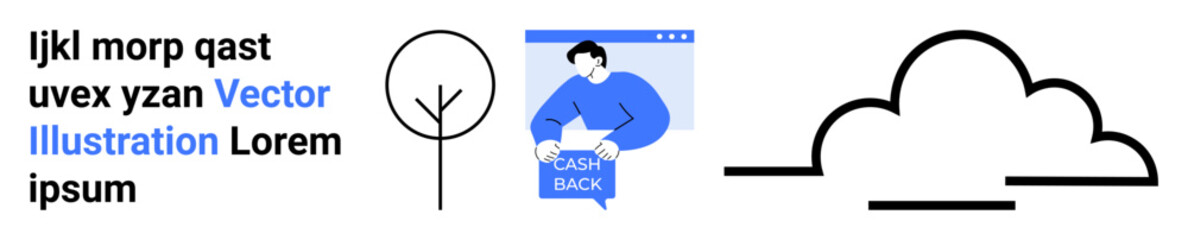 Blue-clad man holding a cash back sign, stylized black outlined tree, and cloud. Ideal for finance, design, marketing, web content, advertisements, presentations, social media, banners. Landing page