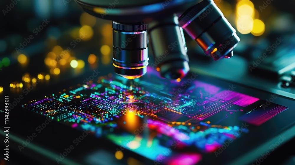 Poster a glowing microchip magnified under a microscope, with vibrant circuit pathways highlighted for deta