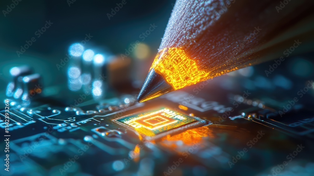 Aufkleber a glowing microchip on the point of a graphite pencil, magnified to display the precise details of i