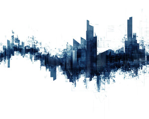 Abstract wave pattern with urban skyline elements in blue tones, isolated on black.