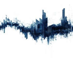 Abstract wave pattern with urban skyline elements in blue tones, isolated on black.