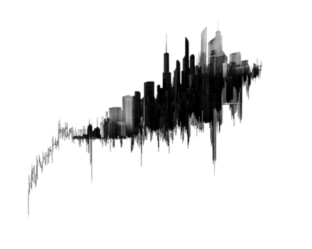 Abstract skyline silhouette, black on transparent background.