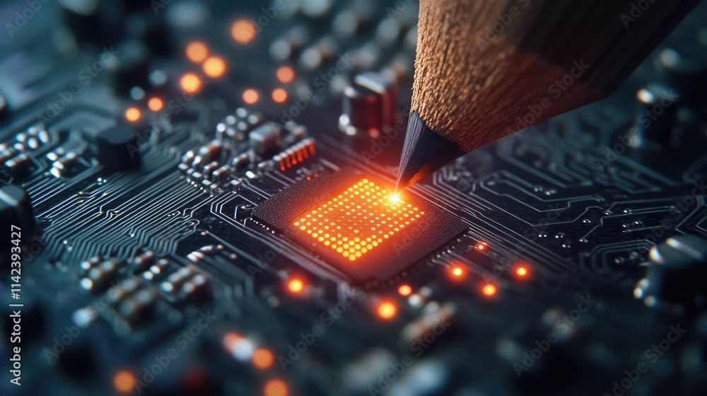 Poster a glowing microchip on the point of a graphite pencil, magnified to display the precise details of i
