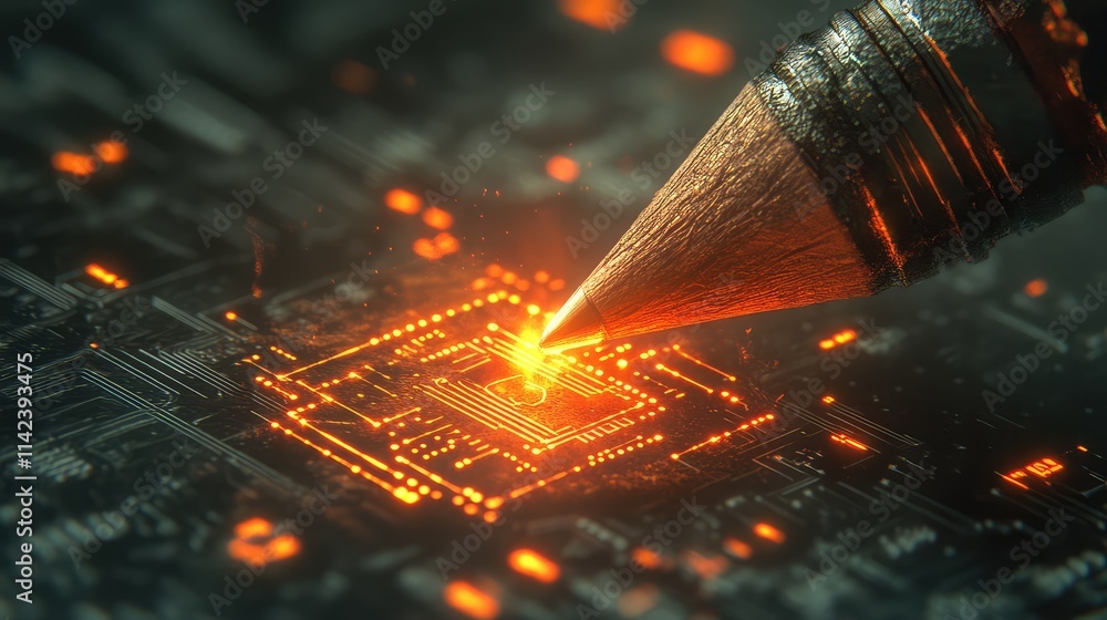 Poster a glowing microchip on the point of a graphite pencil, magnified to display the precise details of i