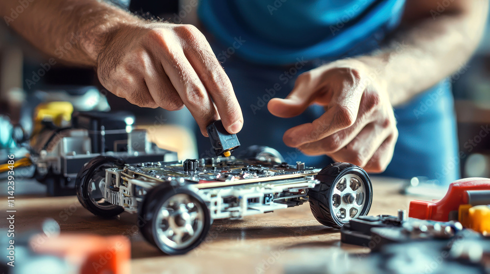 Poster a person assembling a small remote-controlled car, focusing on intricate details and components, sur