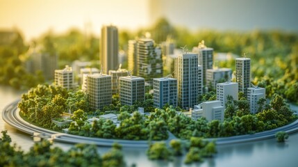 A 3D model of a smart city with green energy solutions, eco-friendly transportation, and sustainable buildings, ready for copy text on the side