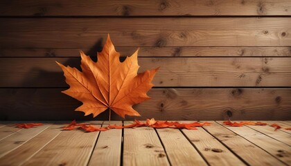 Obraz premium Cozy autumn atmosphere with maple leaf shadows on a wooden accent wall, fall colors, natural textures