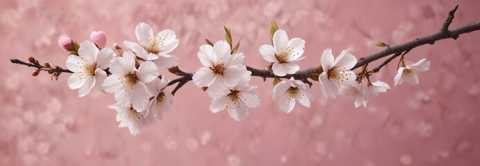 Decorative white cherry blossom branch on a pink textured backdrop, interior design, decorative