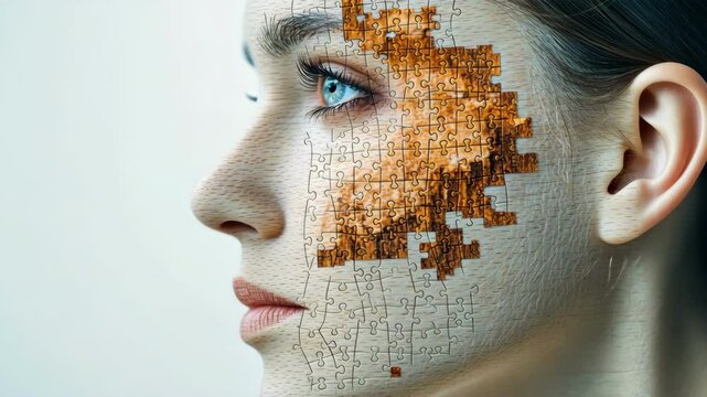 A human face wooden puzzle piece with intricate details including eyes, nose, lips, and facial contours, designed for educational and therapeutic purposes.