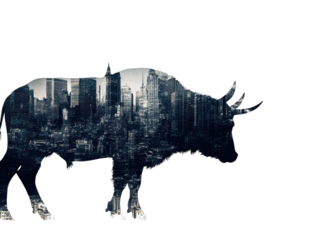 Silhouette of a bull filled with a cityscape, white isolated background.