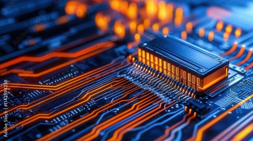 Poster a close-up view of a circuit board with glowing orange lines, showcasing intricate electronic compon