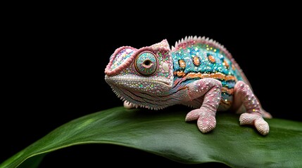 Obraz premium Close-up of a chameleon with glittering scales, sitting on a tropical green leaf