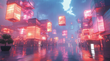 Obraz premium Futuristic surreal cityscape with glowing neon cubes and reflections