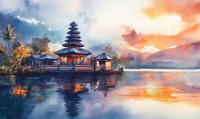 Watercolor Bali holiday tourism, Ulun Danu Bratan Water Temple Bali, Bali, Indonesia
