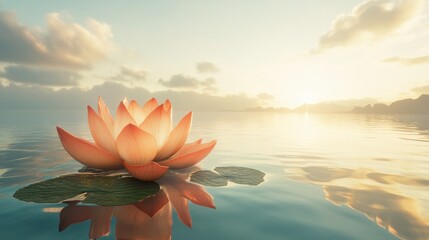 Serene Pink Lotus Flower Floating on Calm Water at Dawn with Soft Clouds Reflecting in the Tranquil Lake Under a Warm Golden Sunrise