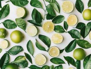 limes and leaves scattered on a white surface