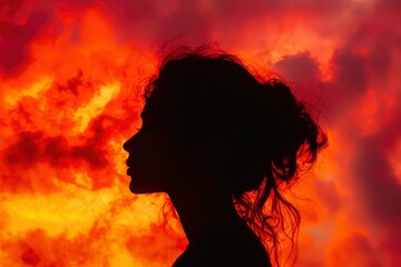 Fiery Sunset Silhouette Of A Woman With Long Hair