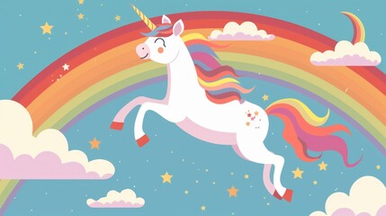 Fototapeta premium Magical unicorn galloping joyfully over a vibrant rainbow in a whimsical sky filled with fluffy clouds and twinkling stars