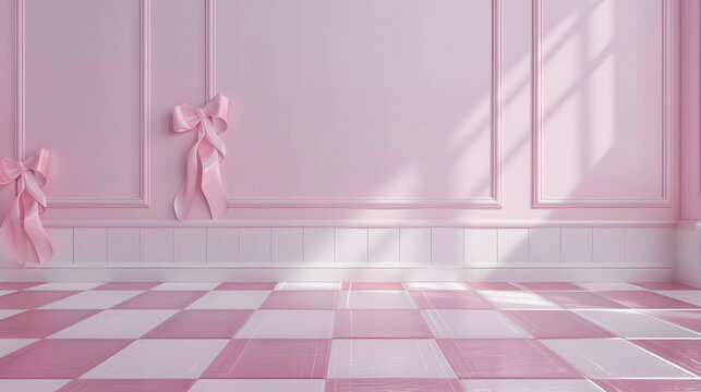 Fototapeta Pink Room Interior with Checkered Floor and Bows