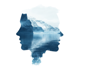 Double exposure of a serene landscape and human silhouette.