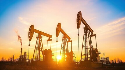 Sunsetting Oil Pumps in Silhouette Against Vibrant Sky with Industrial Structures and Smokestacks Reflecting the Energy Sector's Influence on Nature