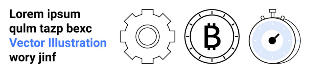 Obraz premium Gear symbol for technology, Bitcoin logo for cryptocurrency, stopwatch for time management. Ideal for finance, technology, time management, cryptocurrency, business, efficiency, future. Landing page