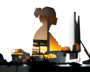 Silhouette of a woman working on a computer with an urban sunset background.