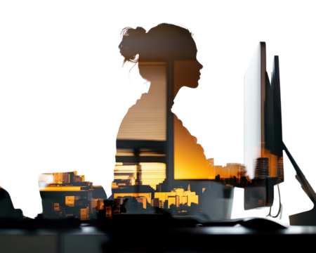 Silhouette of a woman working on a computer with an urban sunset background.