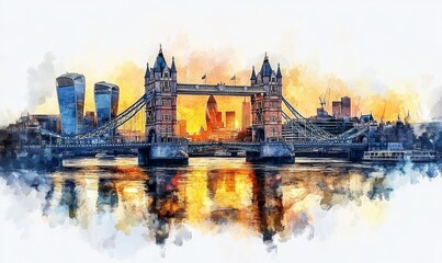 Obraz premium Watercolor Aerial front view of the Tower Bridge of London with the skyline behind reflecting the golden sunrise light, England