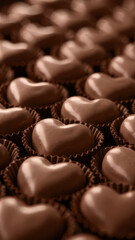 Fototapeta premium diagonal pattern of chocolate heart shaped candies in paper baskets