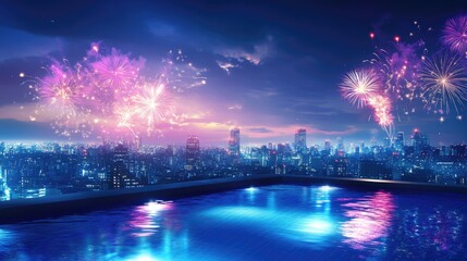 Obraz premium A city skyline with vibrant fireworks exploding above a swimming pool, creating a magical scene of celebration, with ample space for overlay text.
