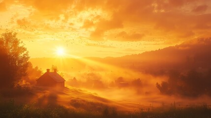 Obraz premium Serene Sunrise Over a Quiet Village Featuring Golden Skies and Gentle Fog, Illuminating the Peaceful Landscape with a Warm Glow