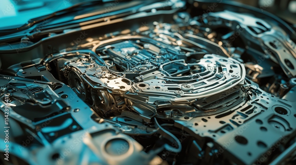 Poster a close-up of a car modular parts, illustrating how automakers are designing vehicles for easy disas
