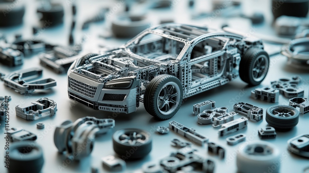 Poster a close-up of a car modular parts, illustrating how automakers are designing vehicles for easy disas