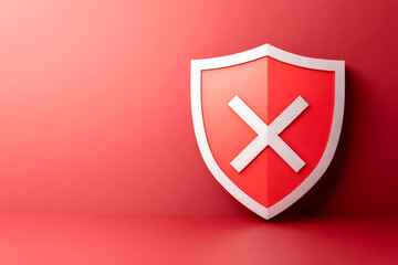 A red shield with a white cross mark symbolizes warning or security issues, set against a matching background.