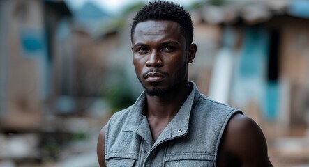 Obraz premium African man serious wearing gray vest looking on camera