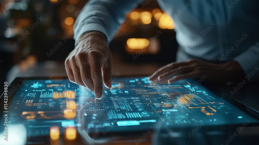 Poster close-up shot of professionals' hands analyzing digital data on interactive screen in modern office 