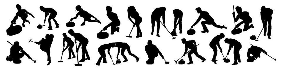 Curling player silhouette set. Men and women in different poses. Vector illustration. Winter sport