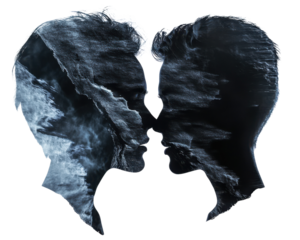 Silhouettes of two faces merging with clouds on a white isolated background.