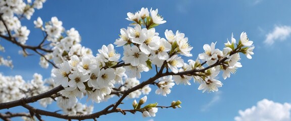 Obraz premium Elegant white plum tree flowers on branches under blue sky, natural, serene