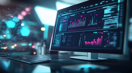 Advanced Data Analysis Visualization on Computer Screen with Dynamic Graphs and Digital Interface in Modern Work Environment