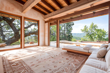 southwestern home decor, create a southwestern living room with earthy tones, natural materials, native american patterns, and rustic textures