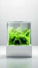 Intriguing abstract image of vibrant green energy contained within a clear cube on a white base.  The luminous swirls create a mesmerizing effect.