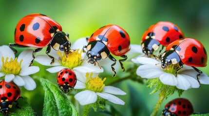 Fototapeta premium A close-up of ladybugs on plants, aiding in pest control without pesticides in a healthy, biodiverse regenerative farm