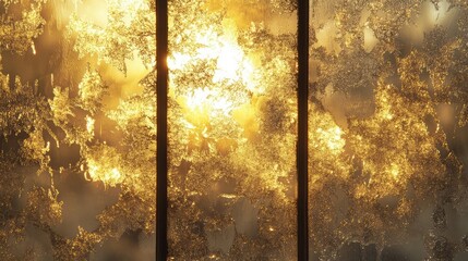 Golden lights shining through frost-covered window panes