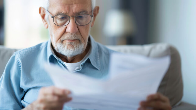Senior individual reviewing life insurance policy document. Significance of financial planning, retirement security, and the role of insurance in protecting future assets and providing peace of mind.
