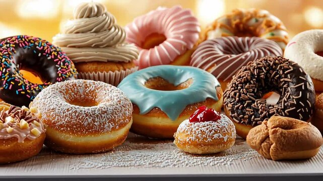 The delicious pattern features a wide variety of colorful sweets and pastries such as donuts, cupcakes, and cookies, all displayed on a bright and vibrant background.