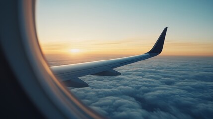 Morning flight with sunlight wing of plane over city view airplane flying above clouds blue sky scenic view from window commercial airline flight mechanics concept